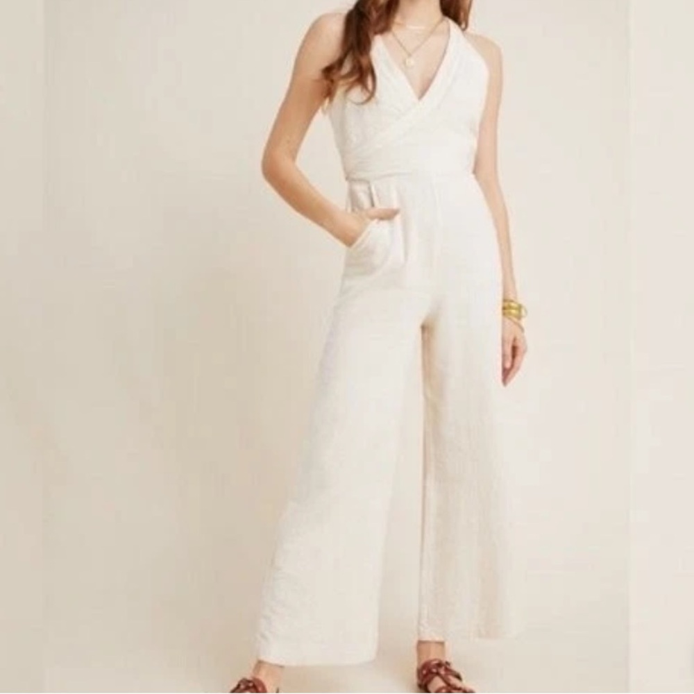 Anthropologie CHINO‎ SZ 8 Demi Ivory wrap Textured Wideleg Jumpsuit